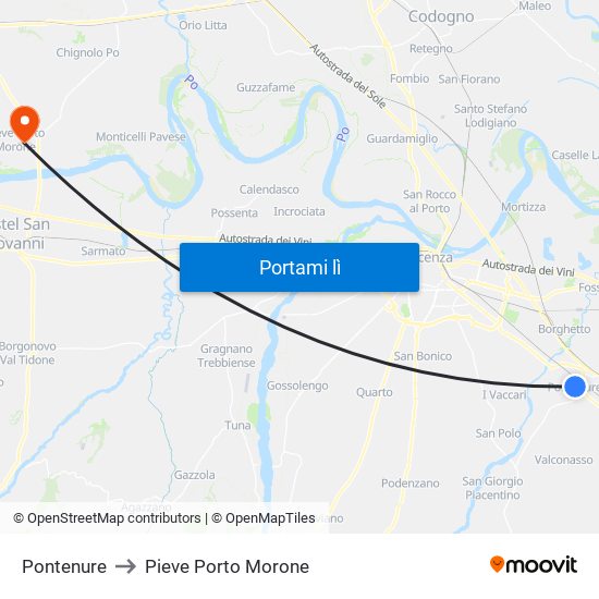 Pontenure to Pieve Porto Morone map