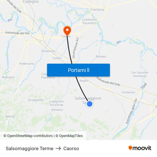 Salsomaggiore Terme to Caorso map