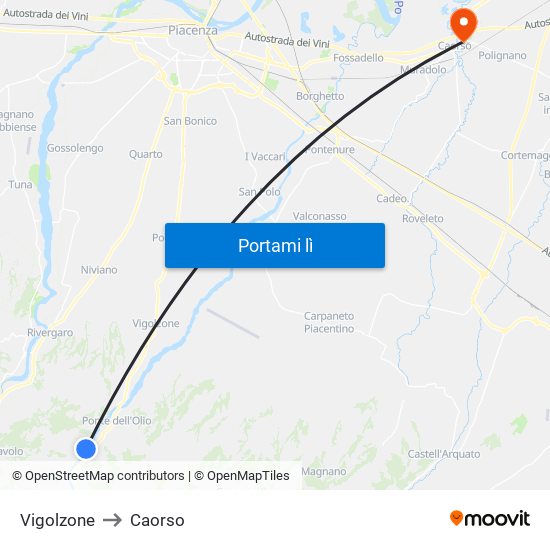 Vigolzone to Caorso map
