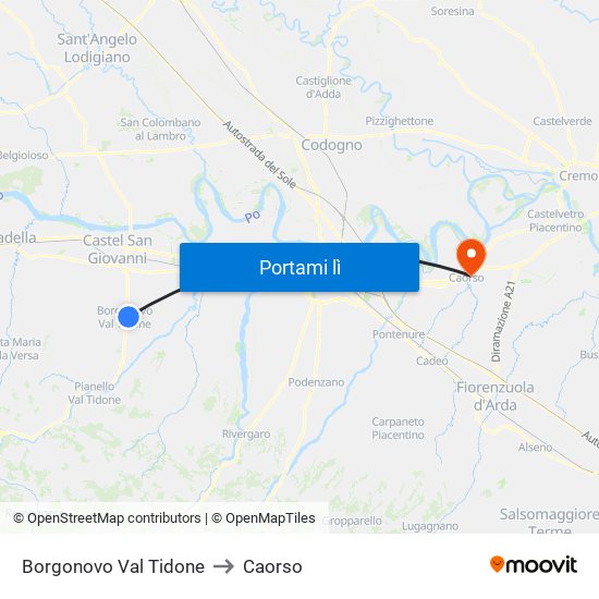 Borgonovo Val Tidone to Caorso map