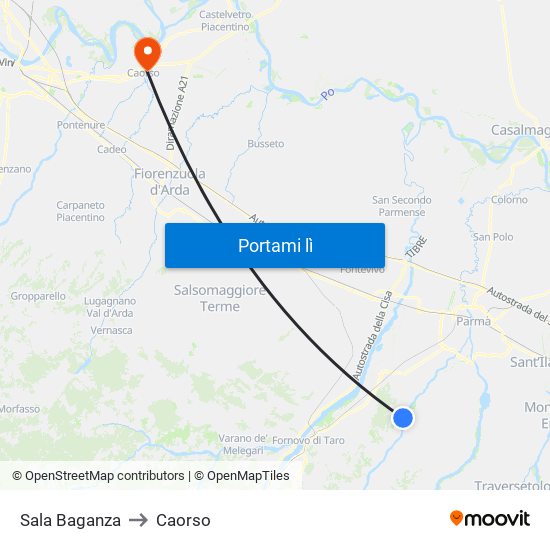 Sala Baganza to Caorso map