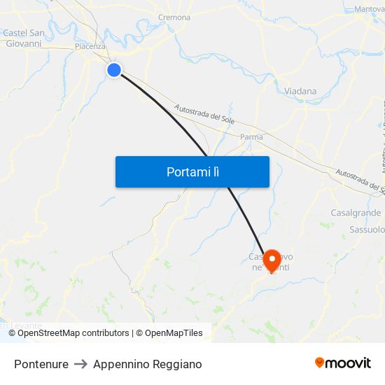 Pontenure to Appennino Reggiano map