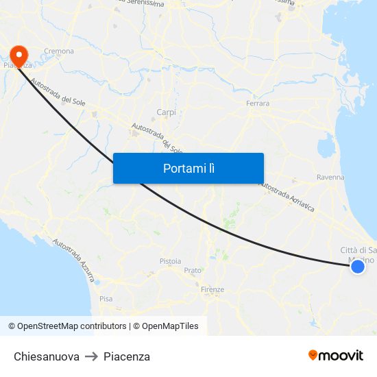 Chiesanuova to Piacenza map