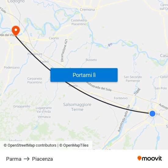 Parma to Piacenza map