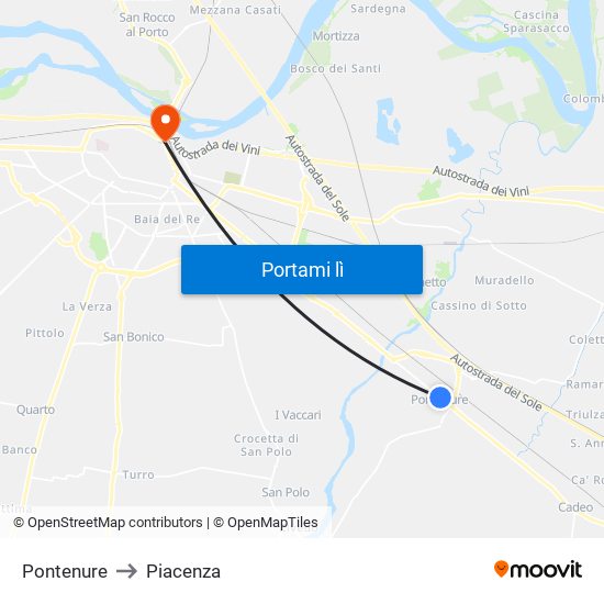 Pontenure to Piacenza map