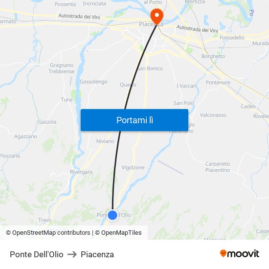 Ponte Dell'Olio to Piacenza map