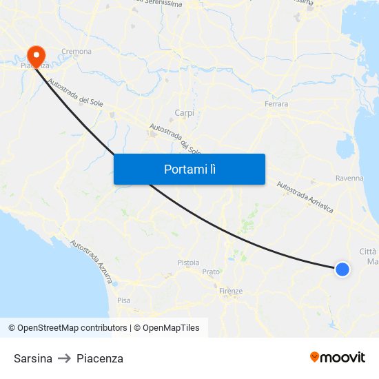 Sarsina to Piacenza map