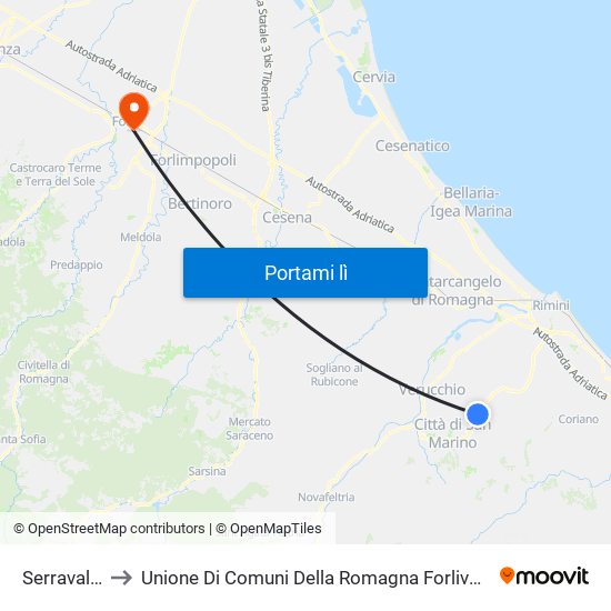 Serravalle to Unione Di Comuni Della Romagna Forlivese map