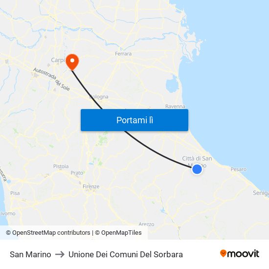 San Marino to Unione Dei Comuni Del Sorbara map
