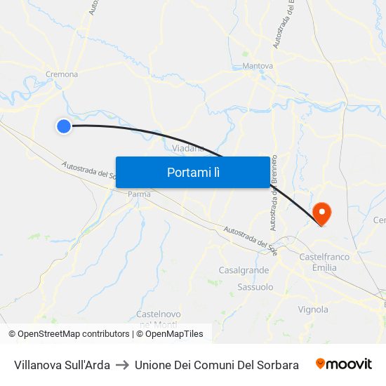 Villanova Sull'Arda to Unione Dei Comuni Del Sorbara map