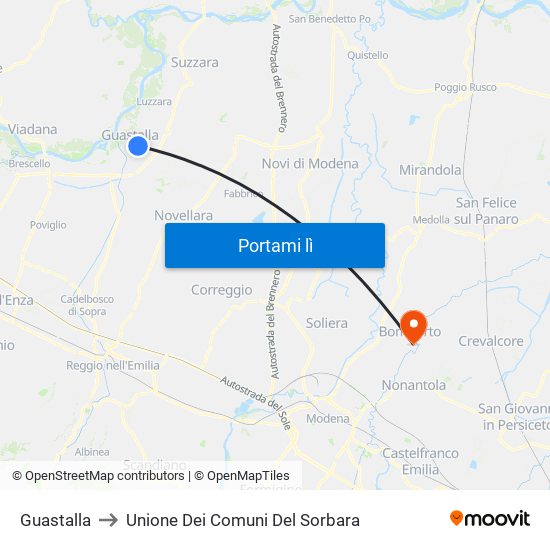 Guastalla to Unione Dei Comuni Del Sorbara map