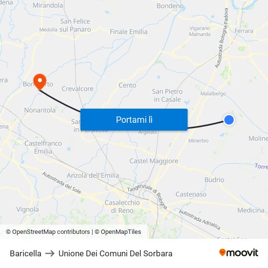 Baricella to Unione Dei Comuni Del Sorbara map