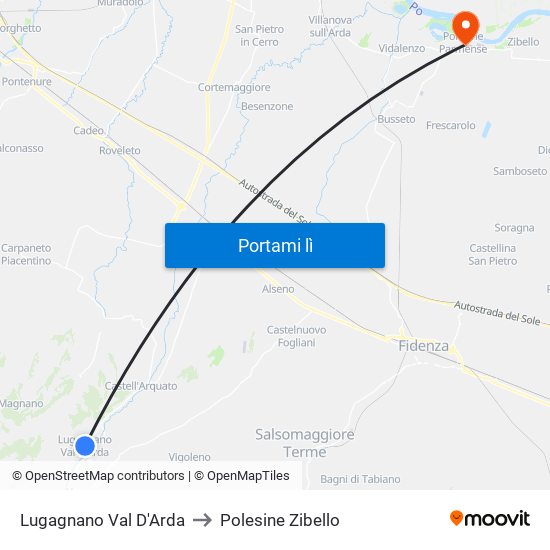 Lugagnano Val D'Arda to Polesine Zibello map