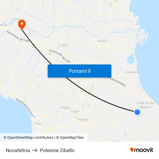 Novafeltria to Polesine Zibello map