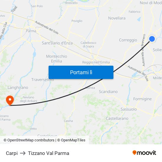 Carpi to Tizzano Val Parma map