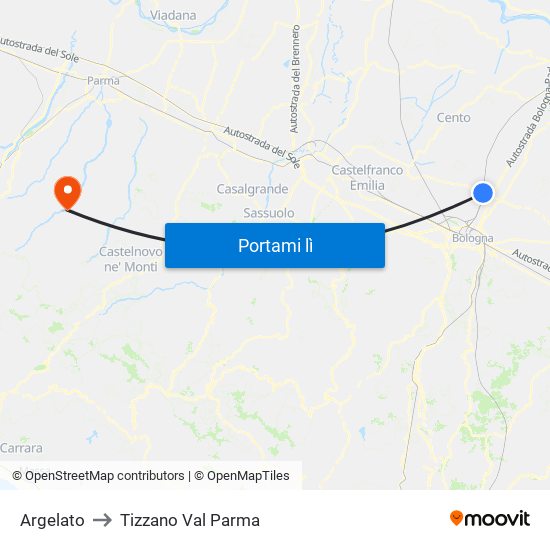 Argelato to Tizzano Val Parma map