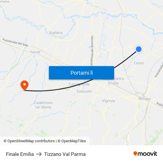 Finale Emilia to Tizzano Val Parma map