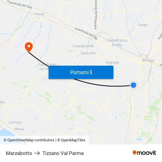 Marzabotto to Tizzano Val Parma map