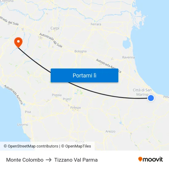 Monte Colombo to Tizzano Val Parma map
