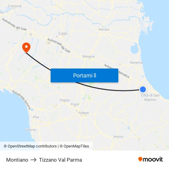 Montiano to Tizzano Val Parma map