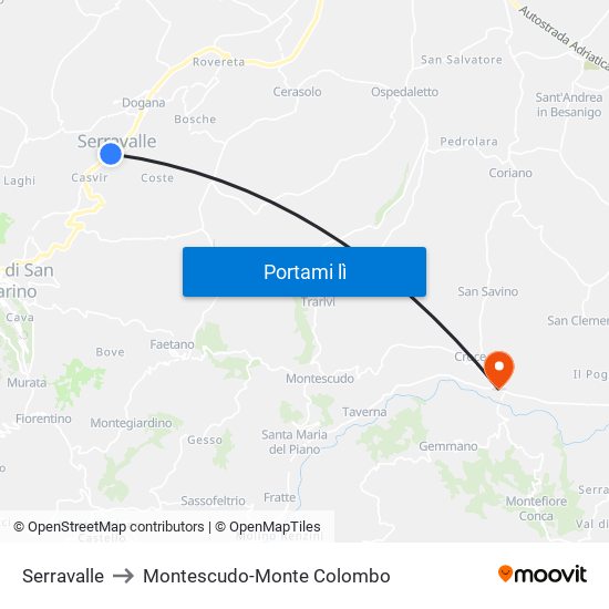 Serravalle to Montescudo-Monte Colombo map