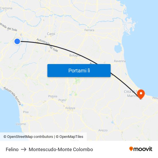 Felino to Montescudo-Monte Colombo map