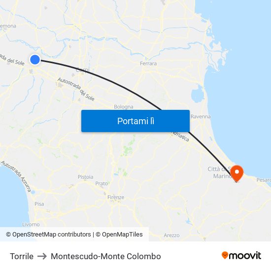 Torrile to Montescudo-Monte Colombo map