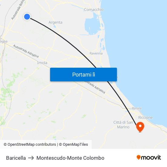 Baricella to Montescudo-Monte Colombo map