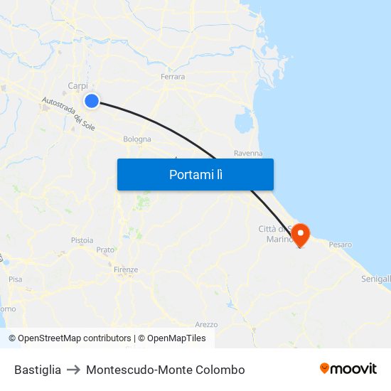 Bastiglia to Montescudo-Monte Colombo map