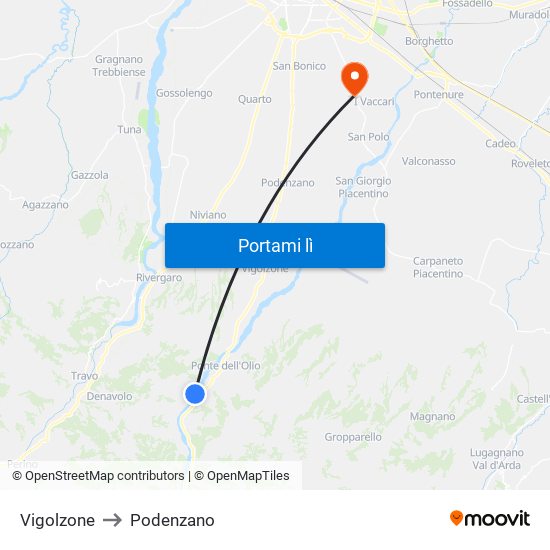 Vigolzone to Podenzano map