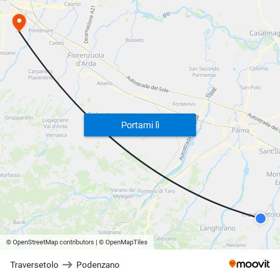 Traversetolo to Podenzano map