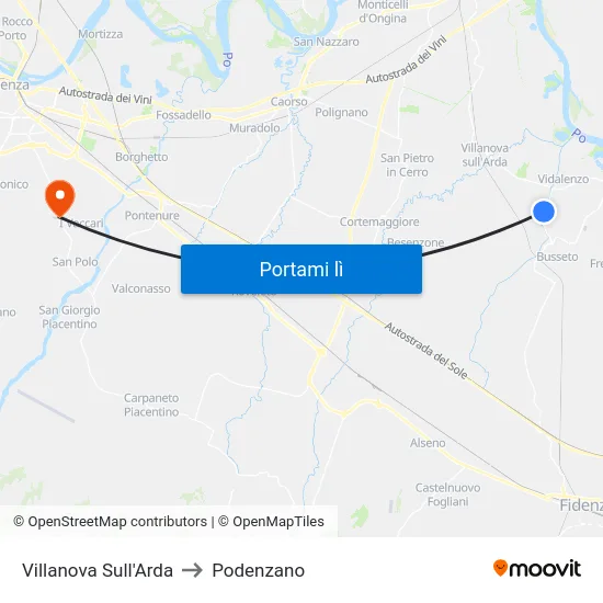 Villanova Sull'Arda to Podenzano map