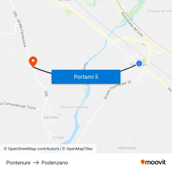 Pontenure to Podenzano map