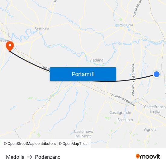 Medolla to Podenzano map