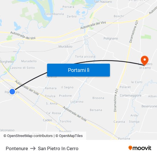 Pontenure to San Pietro In Cerro map