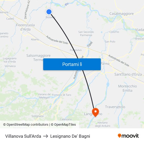 Villanova Sull'Arda to Lesignano De' Bagni map