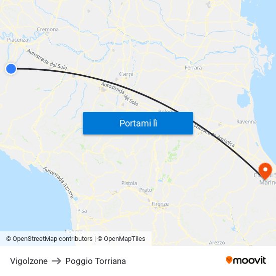 Vigolzone to Poggio Torriana map