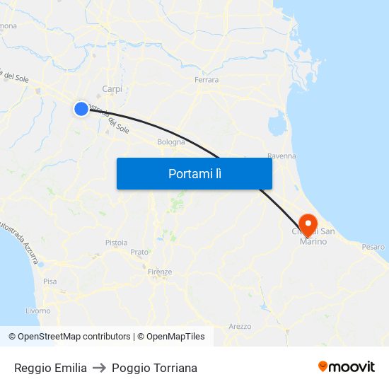 Reggio Emilia to Poggio Torriana map