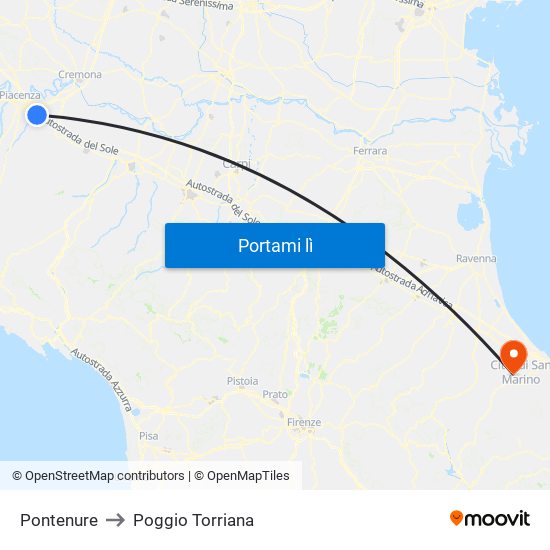 Pontenure to Poggio Torriana map