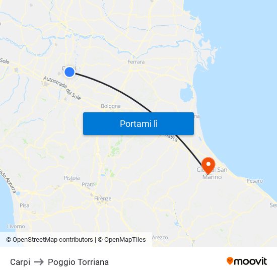 Carpi to Poggio Torriana map