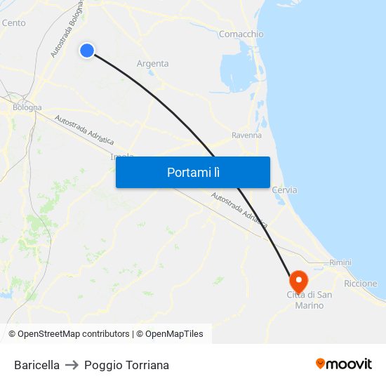 Baricella to Poggio Torriana map