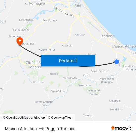 Misano Adriatico to Poggio Torriana map