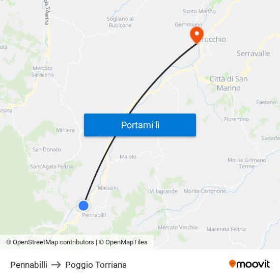 Pennabilli to Poggio Torriana map