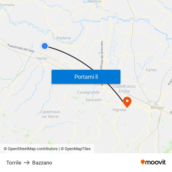 Torrile to Bazzano map