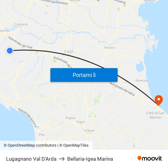 Lugagnano Val D'Arda to Bellaria-Igea Marina map