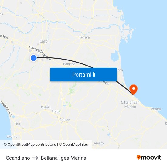 Scandiano to Bellaria-Igea Marina map