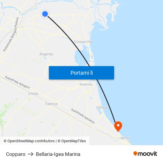 Copparo to Bellaria-Igea Marina map
