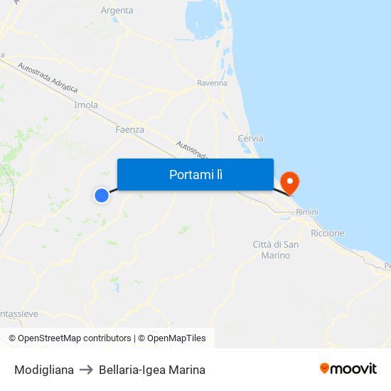 Modigliana to Bellaria-Igea Marina map