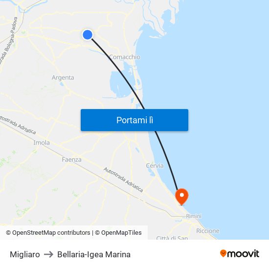Migliaro to Bellaria-Igea Marina map