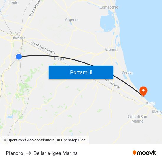 Pianoro to Bellaria-Igea Marina map